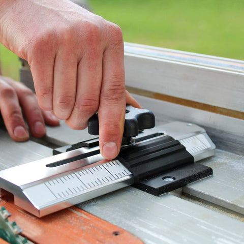 Person using Pro Grade Thin Rip Table Saw Jig Guide for Router and Band Saw, durable tool for precise woodworking cuts