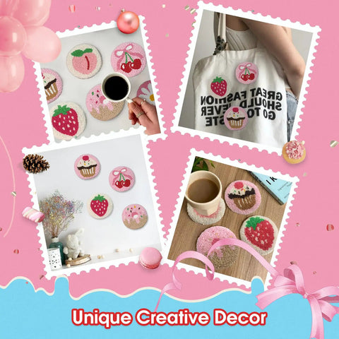 Punch Needle Coaster Kit 6 Pack For Beginners And Adults Easy DIY Embroidery Set displayed with bag and decor.