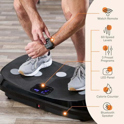 Person adjusting watch remote on Rumblex 4D Vibration Plate Exercise Machine With Triple Motor Oscillation for home workouts.