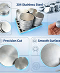 10 Piece 304 Stainless Steel Disc Blanks Set, Round Metal Discs 32mm To 50mm, 4mm Thick, Durable DIY Jewelry Fabrication Slugs For Metalworking And Craft Projects displayed.