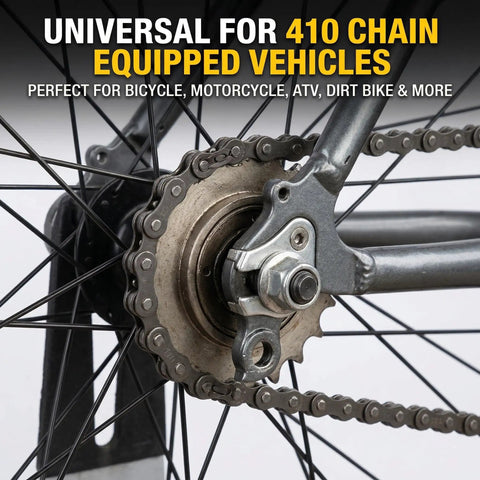 Close-up of 410 motorcycle chain and sprocket system, showcasing Heavy Duty 10 Pack 410 Chain Master Links For Motorcycle Atv Dirt Bike.