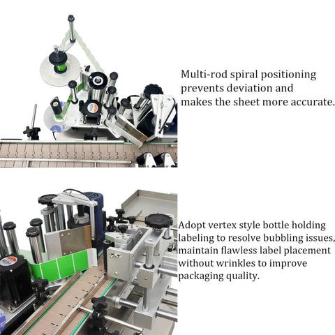 Close-up of Hassle Free Automatic Desktop Conveyor Round Bottle Labeler 110V showing precise positioning mechanisms for accurate wrapping.