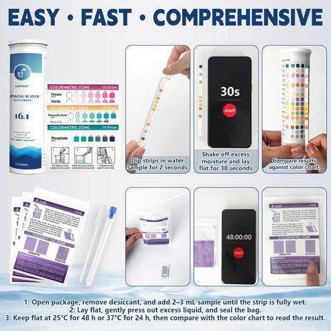 23 In 1 Water Testing Kit With 158 Strips for checking home and well water, showing color chart and test procedure steps.
