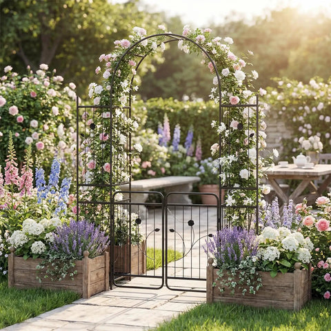 87 Inch Metal Garden Arch With Lockable Gate And Side Shelves Built Tough Arbor Trellis For Climbing Plants Outdoors Includes 6 Ground Stakes Decorative Entrance Archway For Patio And Lawn Black in a colorful garden setting.