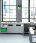 Heavy-Duty 72 Inch Commercial Refrigerator Featuring Three Door Stainless Steel Worktop Design With Reinforced Backsplash And Top Shelf 16.9 Cubic Feet Cool Storage Capacity in a modern kitchen.