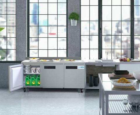 Heavy-Duty 72 Inch Commercial Refrigerator Featuring Three Door Stainless Steel Worktop Design With Reinforced Backsplash And Top Shelf 16.9 Cubic Feet Cool Storage Capacity in a modern kitchen.