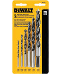 Front view of DEWALT 6-piece brad-point drill bit set on yellow packaging, sizes 1/8–1/2 inch.