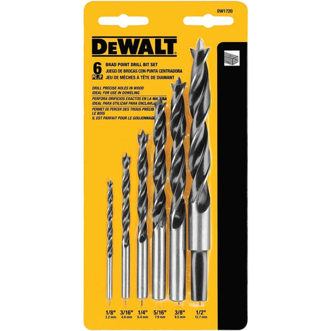 Front view of DEWALT 6-piece brad-point drill bit set on yellow packaging, sizes 1/8–1/2 inch.