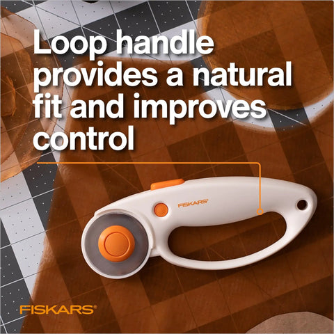 45mm Rotary Fabric Cutter With Ergonomic Loop Grip for easy precise cuts on cutting mat