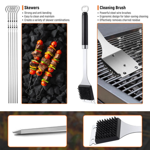 Stainless Steel 19 Piece BBQ Tools Set With Skewers and Cleaning Brush on Grill