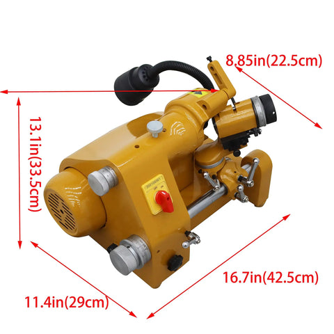 Professional Grade Benchtop Cutter And Drill Bit Sharpener Machine For High Speed Steel Carbide Engraving Round End Mills Straight Cutting Knives 220V Flat Out Heavy Duty Setup close-up showing dimensions and control features.