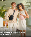 Man and woman wearing Sling Bag Crossbody Fanny Pack For Men And Women With Switchable Strap, black and pink versions