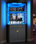 71 Inch Tall Corner Bar Cabinet With App Control And Motion Sensor LED Lighting Modern Liquor Display With Mirror Back And Glass Doors