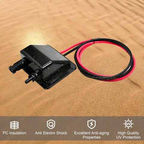 Solar Cable Entry Gland With 10AWG 3.28 Foot Extension Cable UV Resistant And Waterproof Solar Junction Box on sandy background