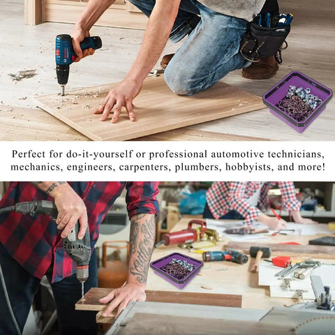 Collapsible Magnetic Parts Tray For DIYers Must Have 4.5 Inch Square Silicone Tool Tray with Dual Sided Magnetic Base in use