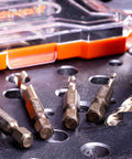 NordWolf 5-piece M35 cobalt stubby drill bit set with 1/4-inch hex shank in orange storage box, top view