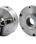 Pro Grade 8 Inch 3 Jaw Self Centering Scroll Lathe Chuck Coupled With 2 1 4 By 8 Threaded Back Plate with jaws and threaded back plate.