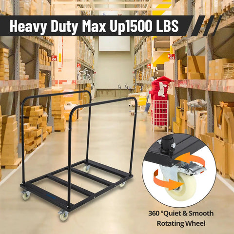 Heavy Duty Panel Cart Dolly With 1500 Lbs Capacity shown in a warehouse with boxes, featuring 36x24 inch deck and swivel casters.