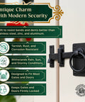 Black Wrought Iron Gate Ring Turn Latch Lock Set 6.5 Inch Wide Reversible Barn Door Catch attached to door.