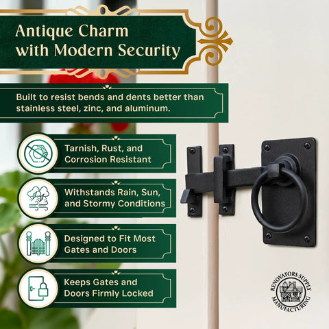 Black Wrought Iron Gate Ring Turn Latch Lock Set 6.5 Inch Wide Reversible Barn Door Catch attached to door.