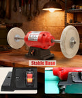 Heavy Duty Bench Buffer With Dual Eight Inch Buffing Wheels, High Speed Polishing Machine For Jewelry Metal Wood And Kitchen Knives, Badass Daily Grind Tool on a stable workbench.