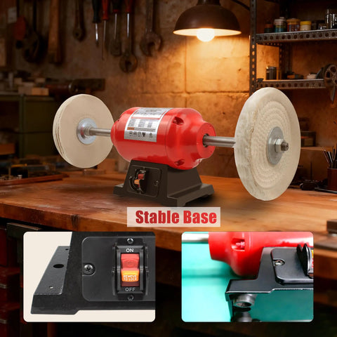 Heavy Duty Bench Buffer With Dual Eight Inch Buffing Wheels, High Speed Polishing Machine For Jewelry Metal Wood And Kitchen Knives, Badass Daily Grind Tool on a stable workbench.