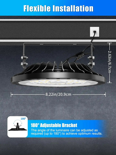 UFO LED High Bay Lights 100W 10 Pack Ultra Bright 10000LM 6500K Daylight Waterproof High Bay Light installed with adjustable bracket