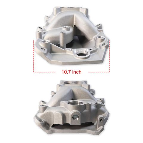 Chevy Big Block Air Gap Aluminum Intake Manifold Dual Plane For 1966-2000 BBC V8 Engines 396 402 427 454 top and side view