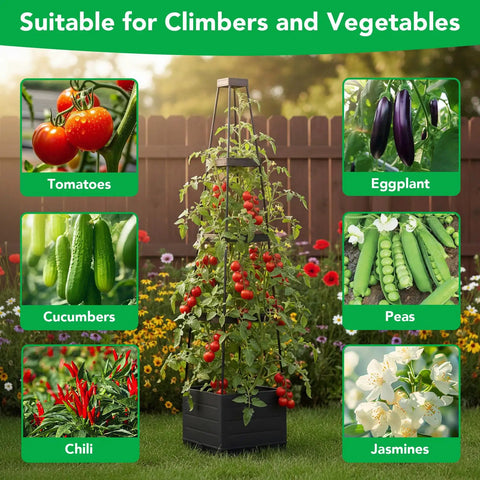 Two Pack Raised Garden Bed Planter Box With Trellis For Tomatoes And Climbing Plants shown with various plants in a garden.