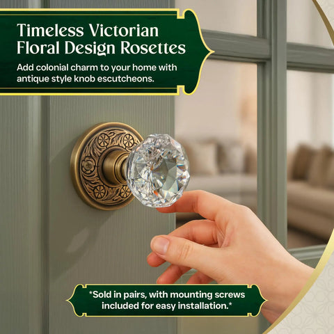 Antique Brass Door Knob Rosette Pair, 2.38 Inch Solid Brass Decorative Escutcheon Plates on door, hand turning knob