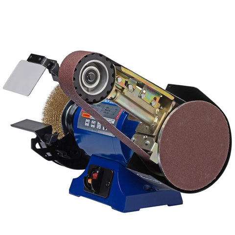 No Sweat Heavy Duty 2X36 Belt Grinder Attachment With One Horsepower Motor Bench Grinding Kit, showing motor and belt setup.