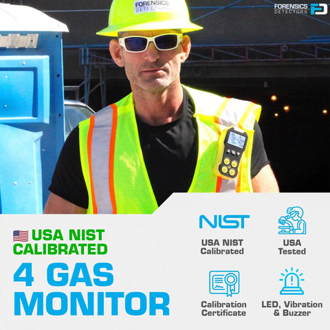 Worker wearing high-visibility vest with NIST Traceable 4 Gas Monitor with O2, CO, H2S and LEL, for industrial safety
