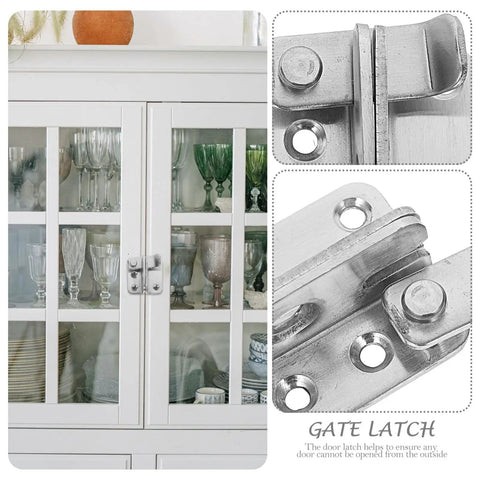 Easy Install Durable Stainless Steel Heavy Duty Gate Latch on a white cabinet, displaying clear locking mechanism for secure closure.