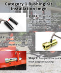 Cat 1 Quick Hitch Bushing Set installation steps showing bushing and roll pin alignment for tractor implements.