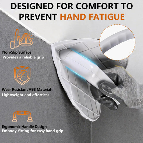 Semi Circular Corner Sander Kit With Hook And Loop Backing, ergonomic handle in use on 90-degree corner of wall.