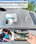 Wire Free 4G LTE Outdoor Security Camera With Solar Power mounted on wall, connected to solar panel, smartphone view display