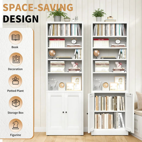 Slick 7 Tier Metal Bookcase 71 Inch White With Doors Industrial Display Shelf Unit styled with books and decor