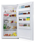 Total Game Changer 17 Cu Foot Convertible Upright Freezer And Fridge With Slick White Finish filled with food and drinks.
