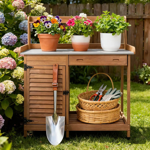 Outdoor Potting Bench Table For The Garden With Weatherproof Wooden Work Station Heavy Duty Metal Top Sliding Drawer Tool Hooks Open Shelf