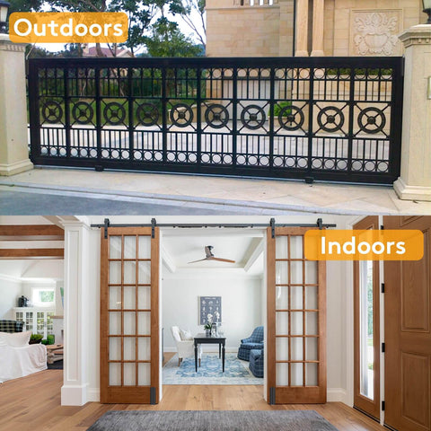 Outdoor view of black sliding gate and indoor sliding barn-style wooden doors with 6 Inch Heavy Duty Beefed Up Sliding Gate Roller Kit With L Bracket Universal Adjustable Gate Rollers Black Sliding Gate Guide Wheel Hardware For Barns Garages Sheds And Doors Easy Install.