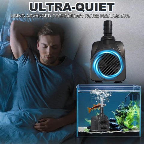 Quiet 25W Submersible Water Pump With 10 Foot Power Cord And 400GPH Flow, Tubing Included, shown near sleeping person and fish tank