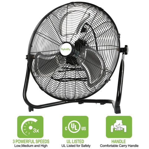20 Inch High Velocity Floor Fan With 3 Speeds Beast Mode Heavy Duty Industrial Metal Fan, front view showing handle and safety labels.