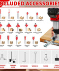 Slick Cordless Palm Router With Fast Brushless Motor And Complete 15 Pc Quarter Inch Shank Bit Kit showing included accessories and bits.