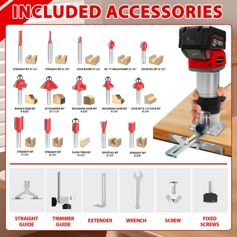 Slick Cordless Palm Router With Fast Brushless Motor And Complete 15 Pc Quarter Inch Shank Bit Kit showing included accessories and bits.