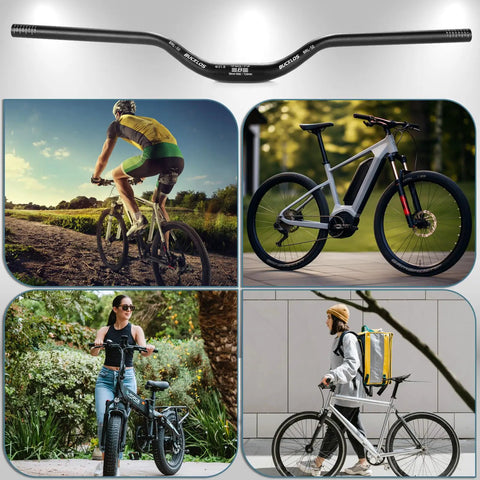 Pro Grade Mountain Bike Handlebars 25.4 31.8mm Clamp Wide 580 720 780mm Riser Bar With 20 30 50 90 100 120 160mm Rise 6061 Aluminum Alloy Hard Anodized Extra Long MTB Bar For Downhill Enduro E Bike shown with cyclists and e-bikes in various settings