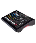 Compact Hybrid Audio Mixer And 4x4 USB Interface With GS Preamps Neutrik IO Desktop Studio Mixer for home recording, angled view