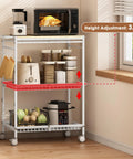 Mobile Kitchen Cart With 3 Tiers And Lockable Wheels White Rolling Storage Cart With Push Handle Sturdy 210 Lb Capacity showing height adjustment