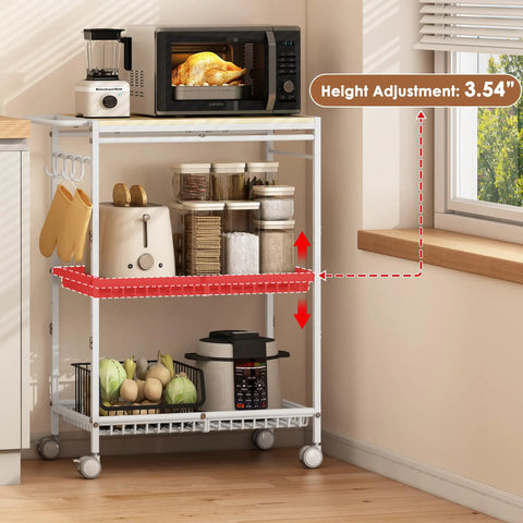 Mobile Kitchen Cart With 3 Tiers And Lockable Wheels White Rolling Storage Cart With Push Handle Sturdy 210 Lb Capacity showing height adjustment