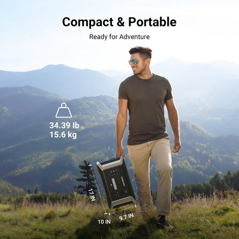 Man carrying Tailgate Ready 1024Wh Portable Power Station And Solar Generator With 2000W Output in nature, showcasing portability and compact design.