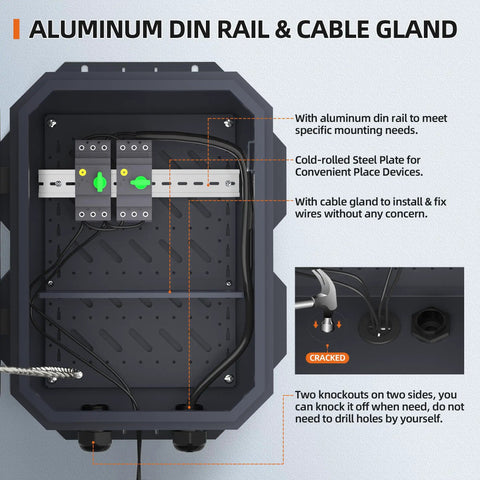 Heavy Duty Outdoor Electrical Enclosure Box Built Like A Tank From Rugged Cold Rolled Steel with cable gland and din rail.